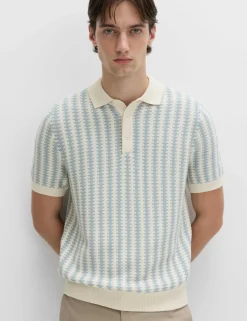 Pure Cotton Textured Striped Knitted Polo Shirt