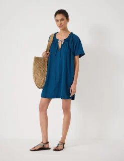 Pure Cotton Textured Tie Neck Mini Beach Dress