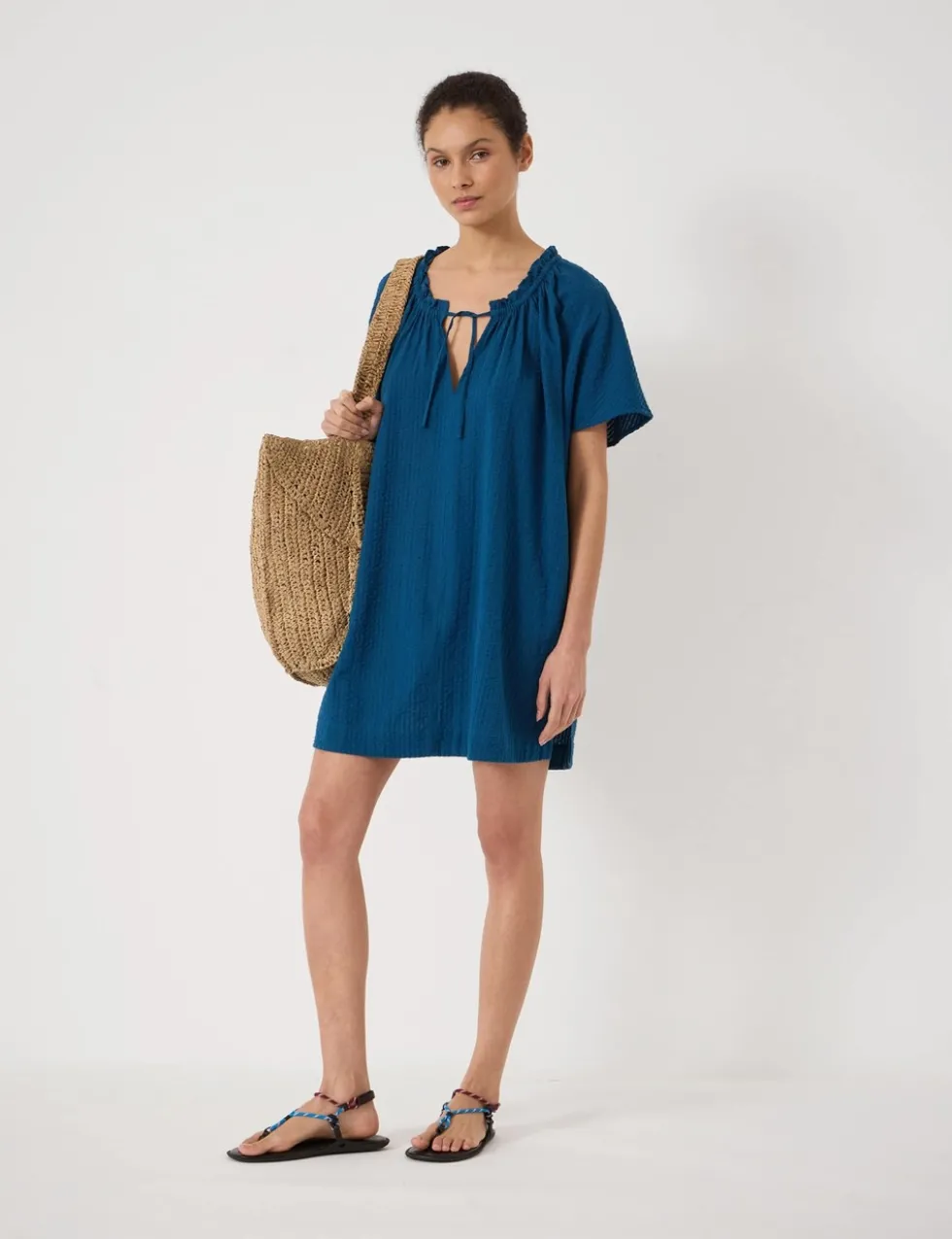 Pure Cotton Textured Tie Neck Mini Beach Dress