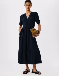 Pure Cotton Textured V-Neck Midi Relaxed Dress
