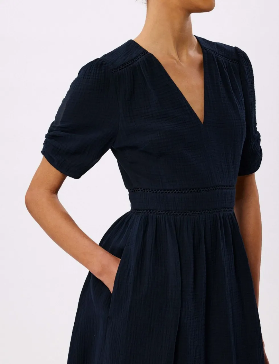 Pure Cotton Textured V-Neck Midi Relaxed Dress