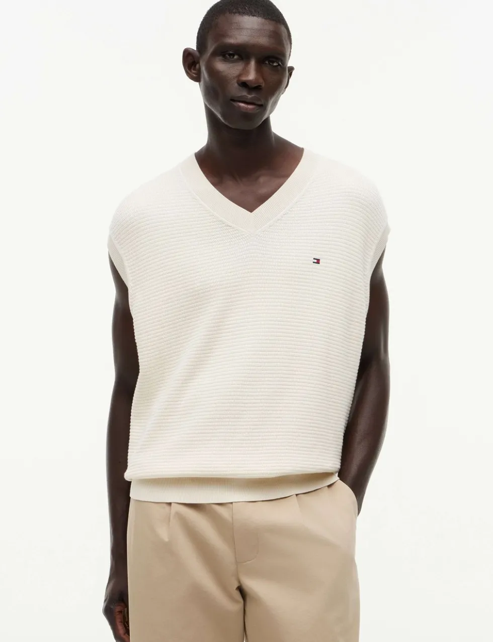 Pure Cotton Textured V-Neck Knitted Vest