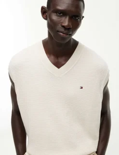 Pure Cotton Textured V-Neck Knitted Vest