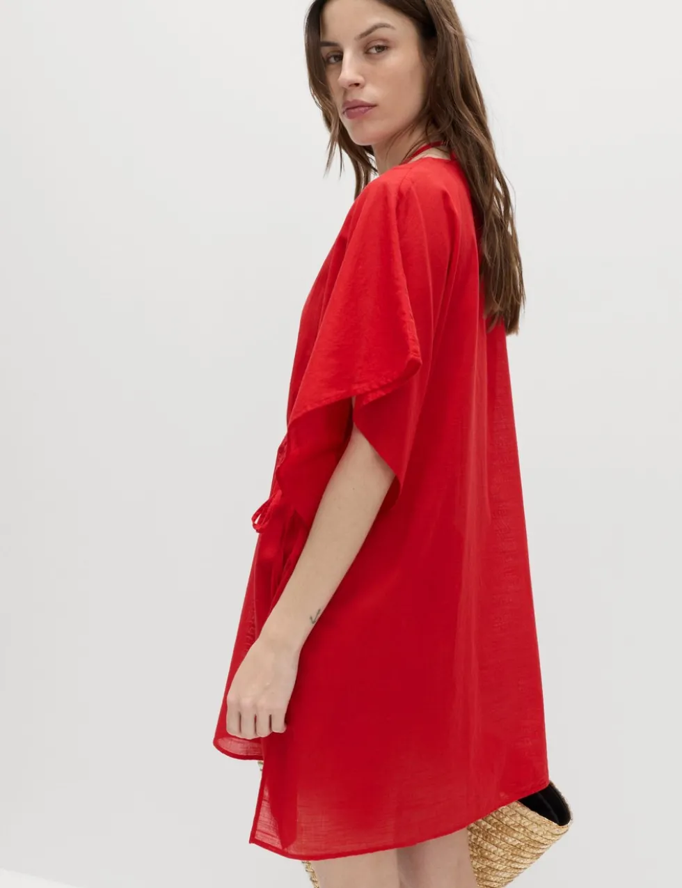 Pure Cotton Tie Detail Mini Kaftan Dress