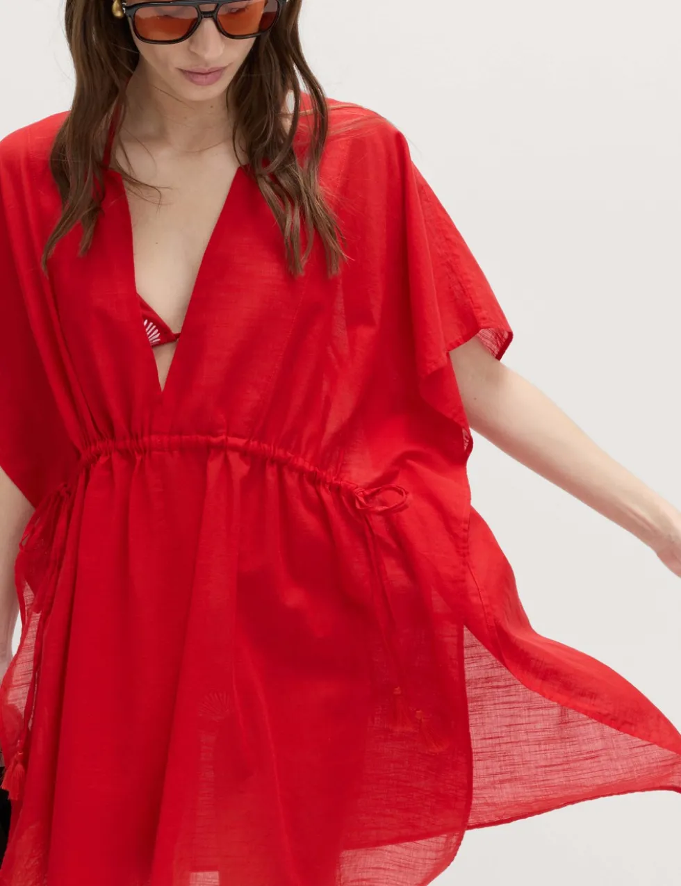 Pure Cotton Tie Detail Mini Kaftan Dress