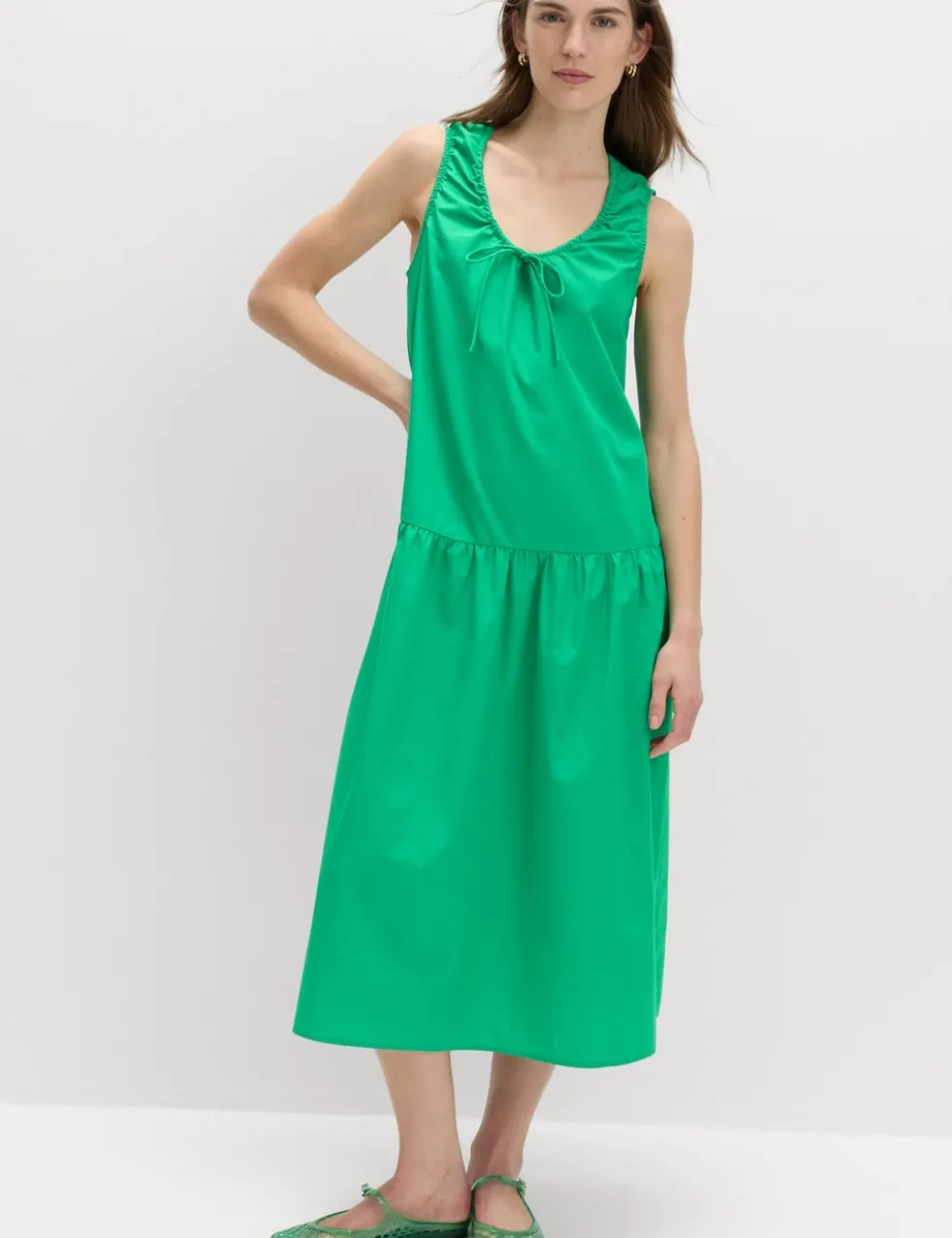 Pure Cotton Tie Detail Midi Tiered Dress
