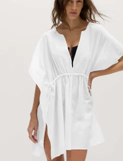 Pure Cotton Tie Detail Mini Kaftan Dress