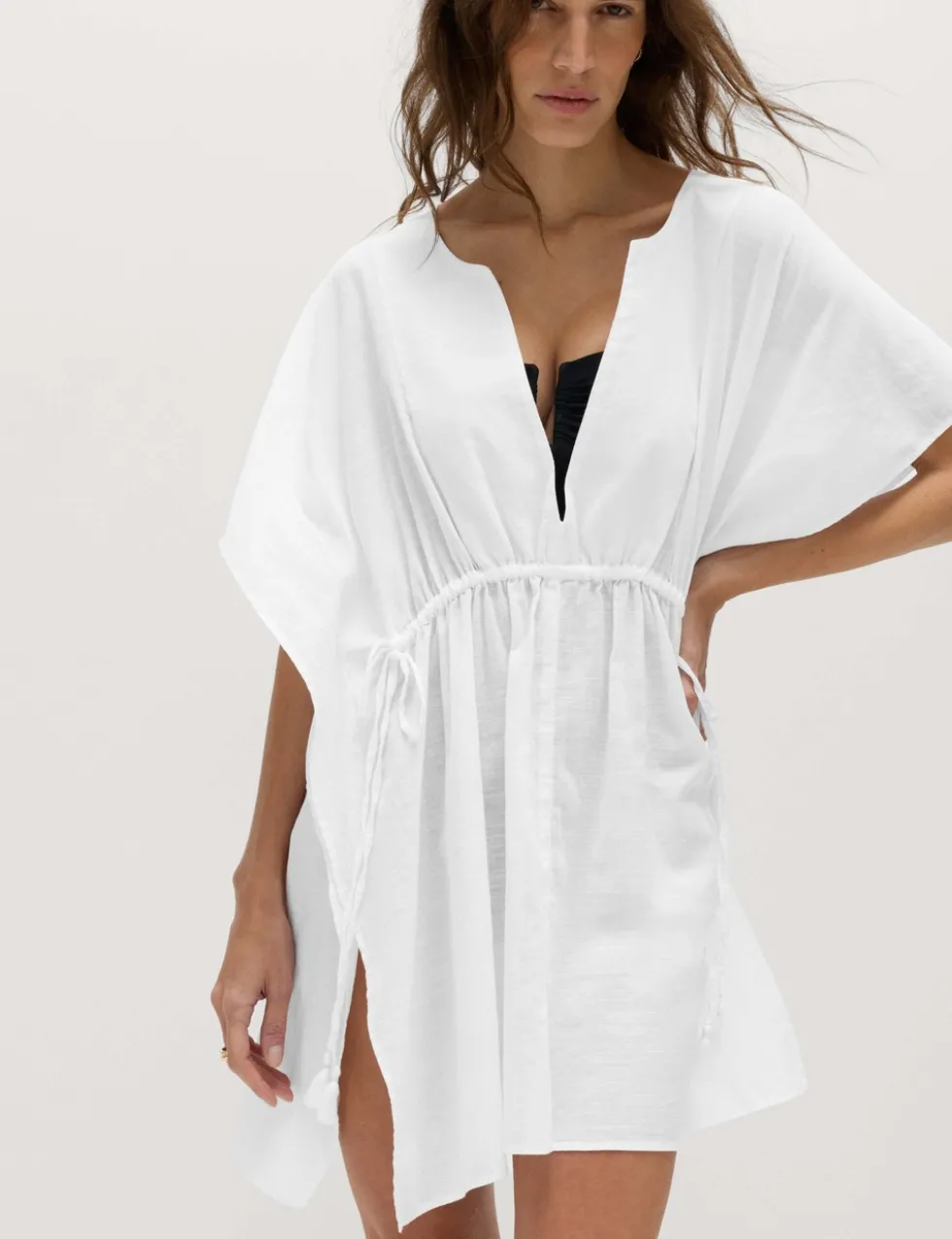 Pure Cotton Tie Detail Mini Kaftan Dress