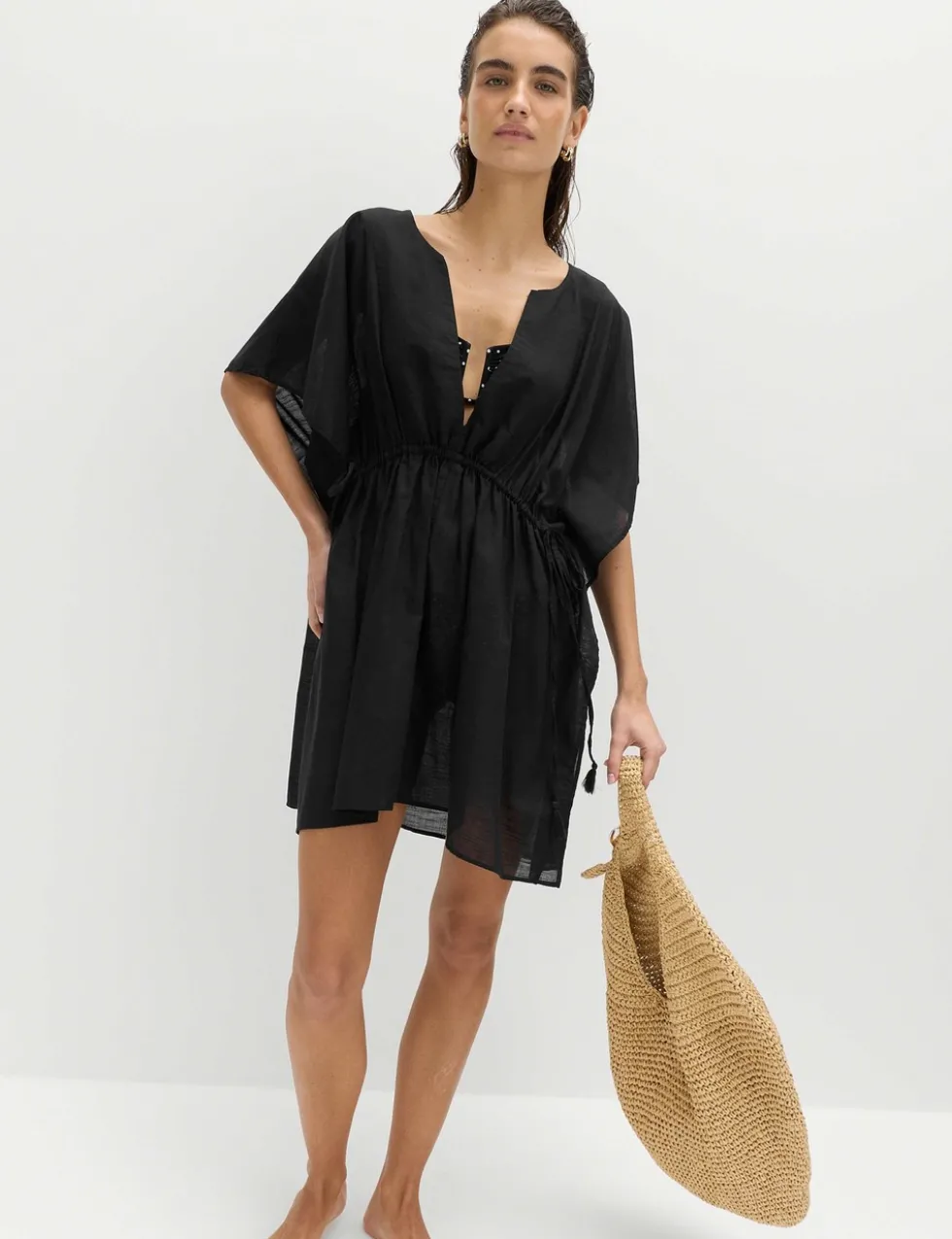 Pure Cotton Tie Detail Mini Kaftan Dress