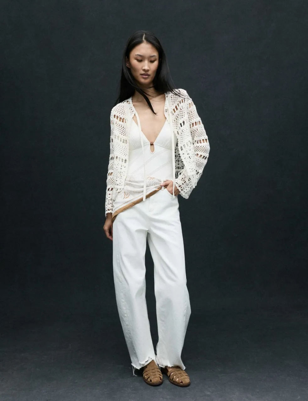 Pure Cotton Tie Fastening Cropped Cardigan
