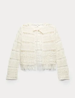 Pure Cotton Tie Fastening Cropped Cardigan