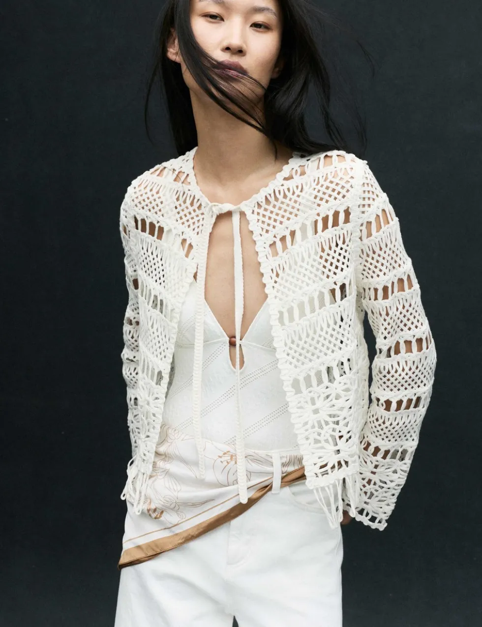 Pure Cotton Tie Fastening Cropped Cardigan