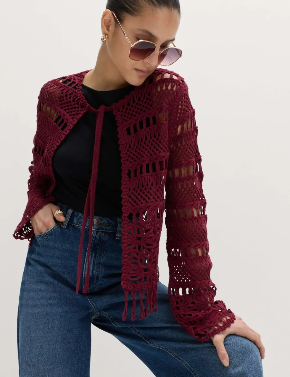 Pure Cotton Tie Fastening Cropped Cardigan