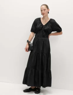 Pure Cotton Tie Neck Midaxi Waisted Dress