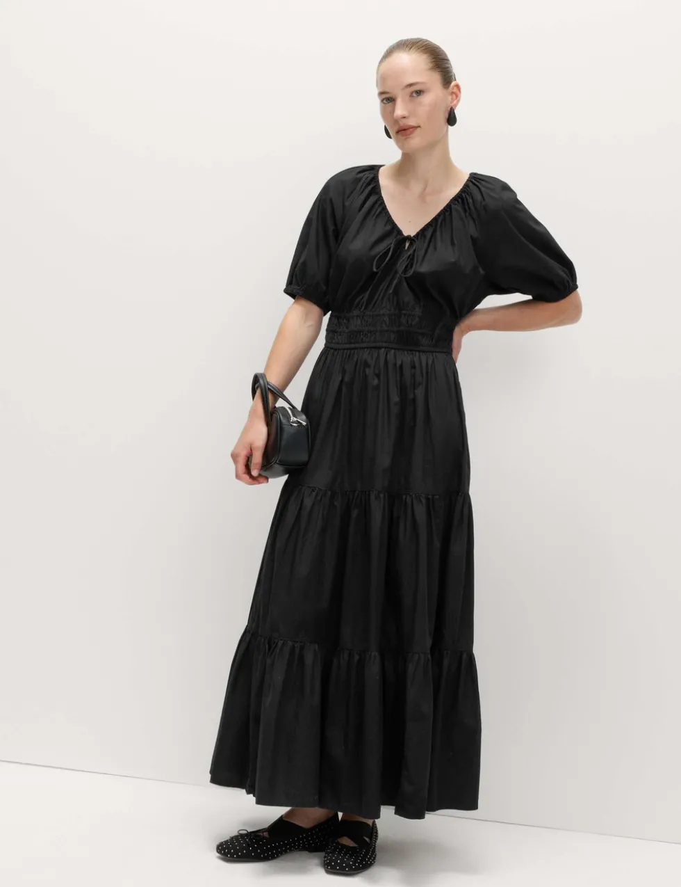 Pure Cotton Tie Neck Midaxi Waisted Dress