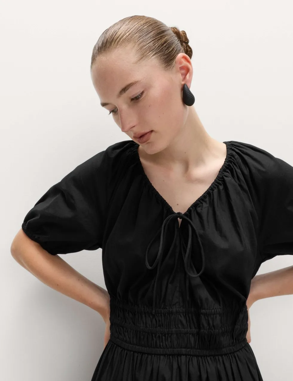 Pure Cotton Tie Neck Midaxi Waisted Dress