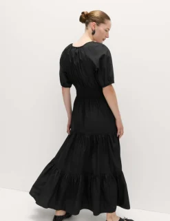 Pure Cotton Tie Neck Midaxi Waisted Dress