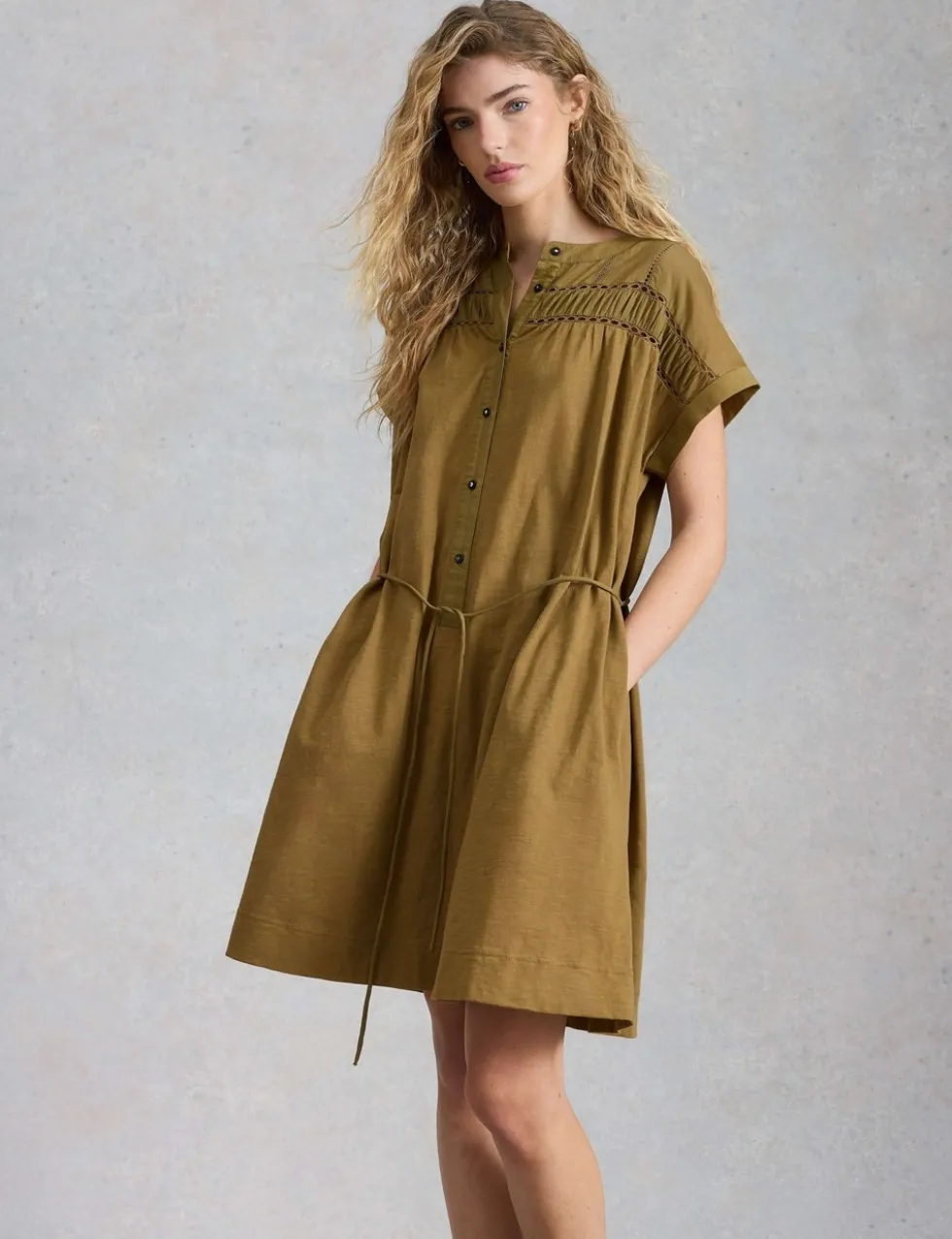 Pure Cotton Tie Waist Knee Length Shirt Dress