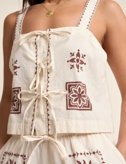 Pure Cotton Tile Print Tie Front Vest Top