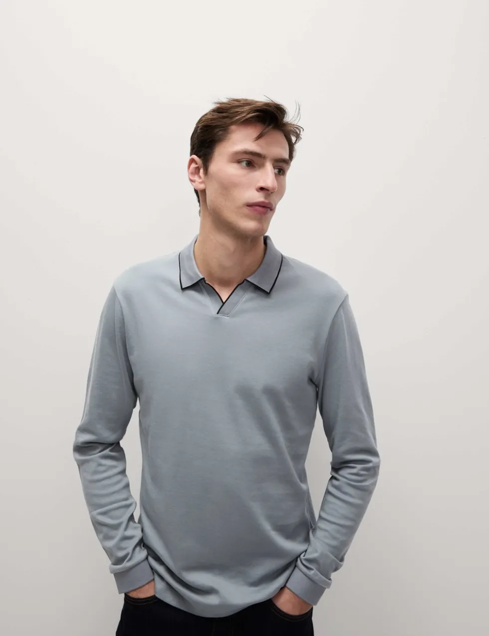 Pure Cotton Tipped Long Sleeve Polo Shirt
