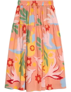 Pure Cotton Tropical Print Midi A-Line Skirt