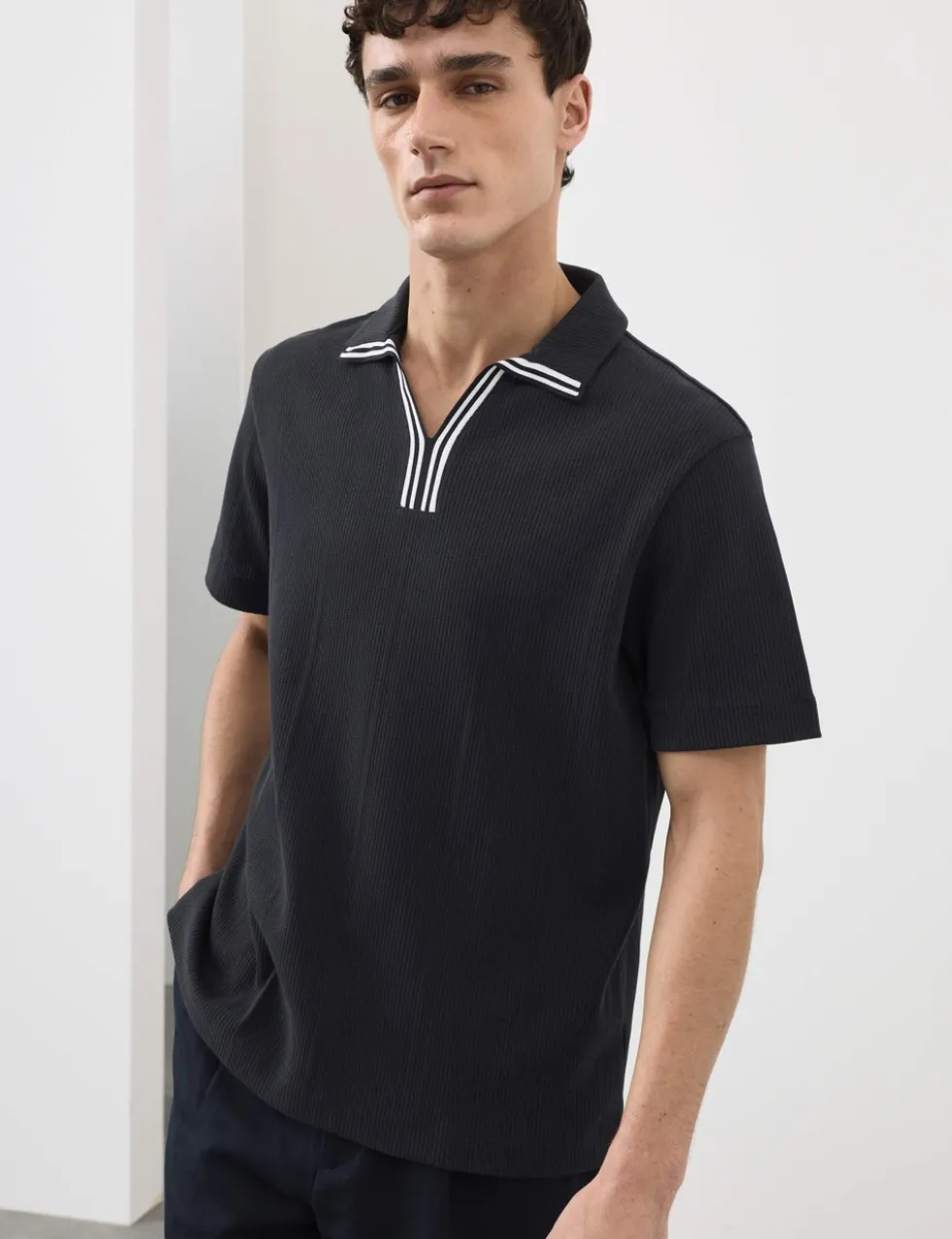 Pure Cotton Vertical Pointelle Polo Shirt
