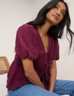 Pure Cotton V-Neck Cutwork Detail Blouse