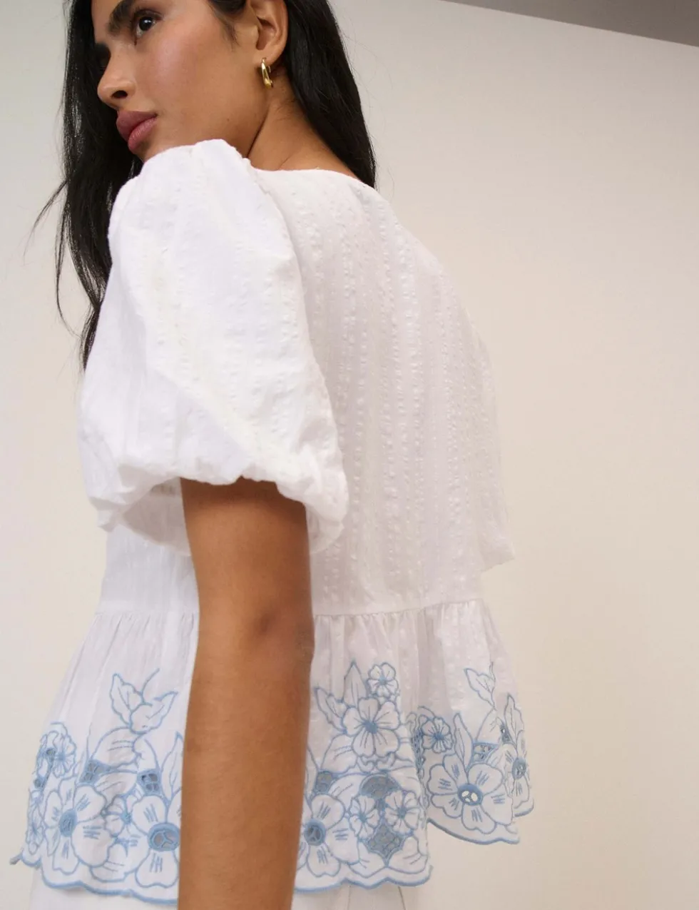 Pure Cotton V-Neck Cutwork Detail Blouse