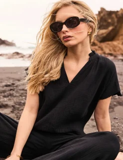 Pure Cotton V-Neck Frill Detail Relaxed Top