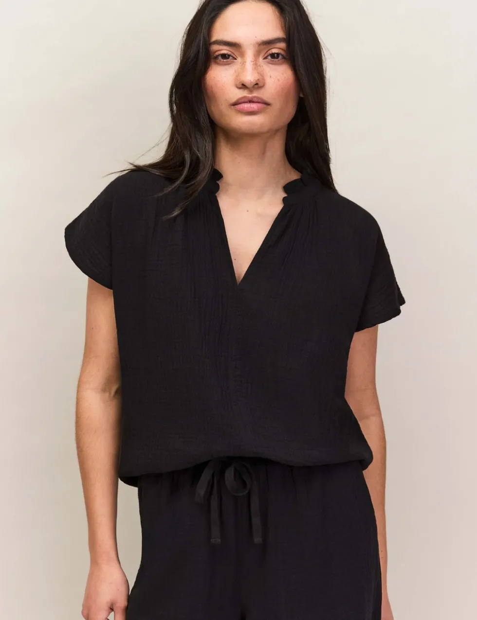 Pure Cotton V-Neck Frill Detail Relaxed Top