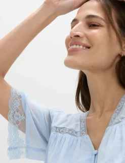 Pure Cotton V-Neck Lace Insert Blouse