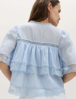 Pure Cotton V-Neck Lace Insert Blouse