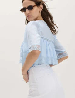 Pure Cotton V-Neck Lace Insert Blouse