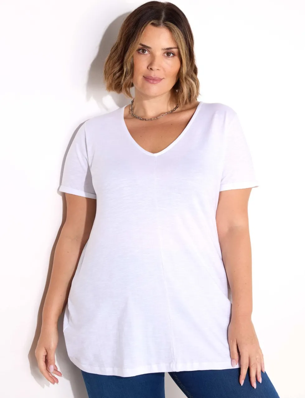 Pure Cotton V-Neck Longline T-Shirt