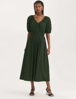 Pure Cotton V-Neck Midi Waisted Dress