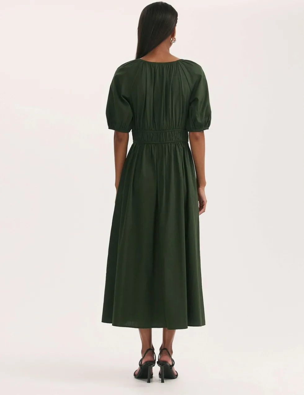 Pure Cotton V-Neck Midi Waisted Dress