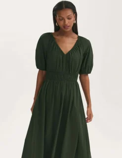 Pure Cotton V-Neck Midi Waisted Dress