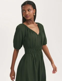 Pure Cotton V-Neck Midi Waisted Dress