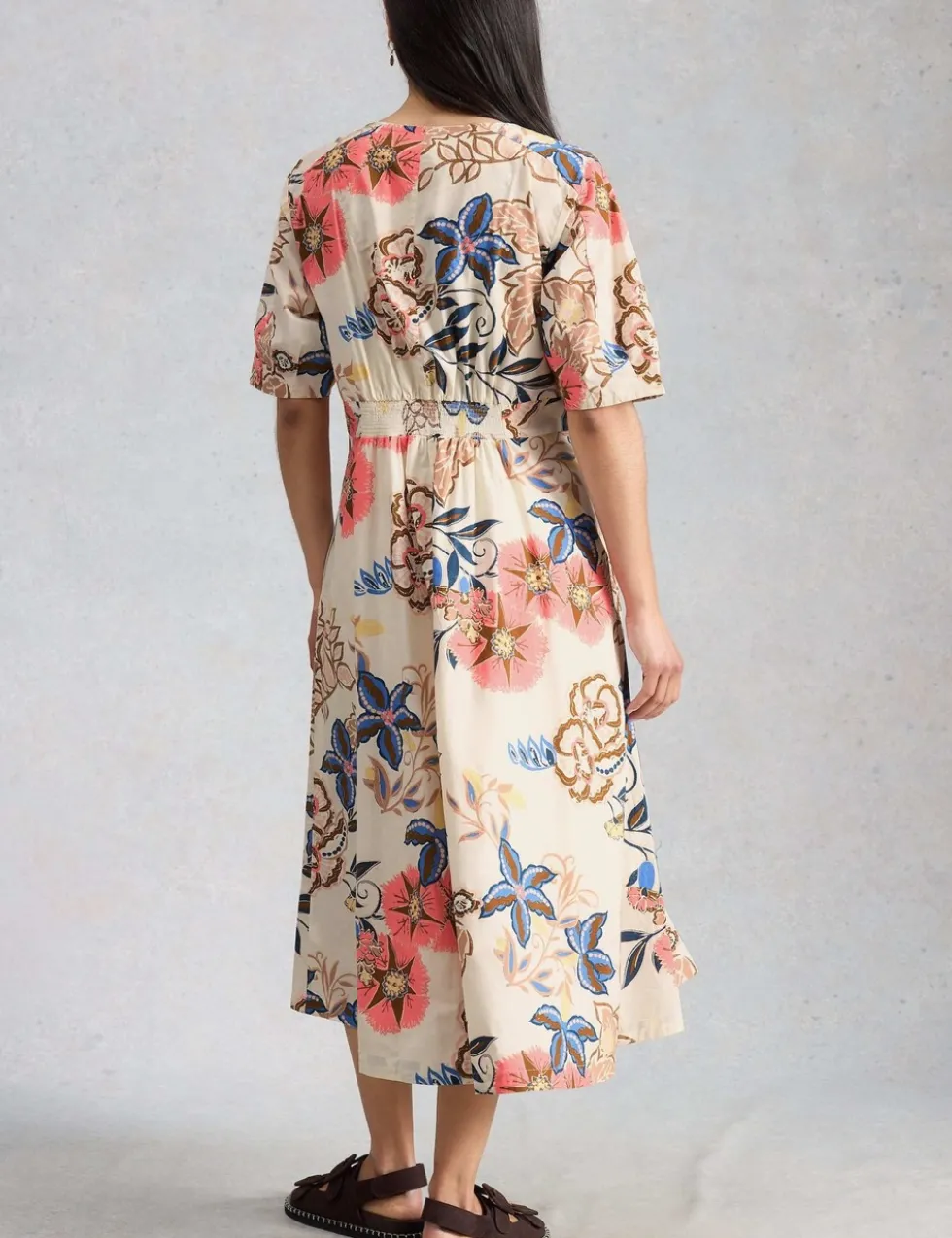 Pure Cotton V-Neck Midi Waisted Dress