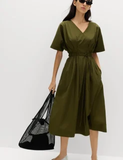 Pure Cotton V-Neck Midi Waisted Dress