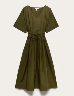 Pure Cotton V-Neck Midi Waisted Dress