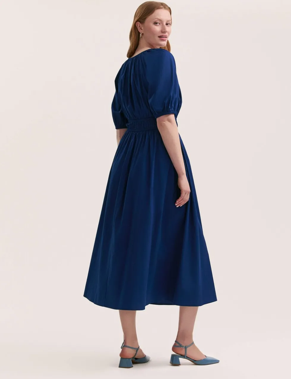 Pure Cotton V-Neck Midi Waisted Dress