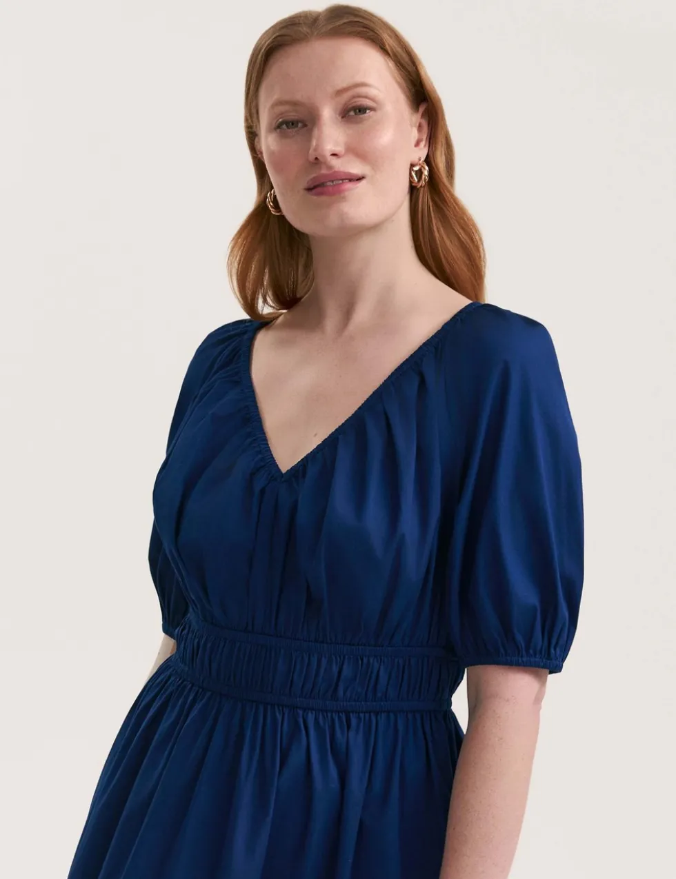 Pure Cotton V-Neck Midi Waisted Dress