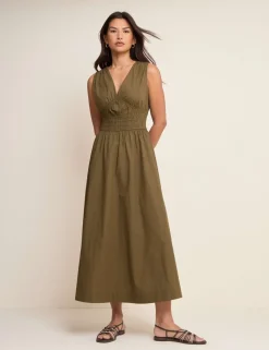 Pure Cotton V-Neck Midi Waisted Dress