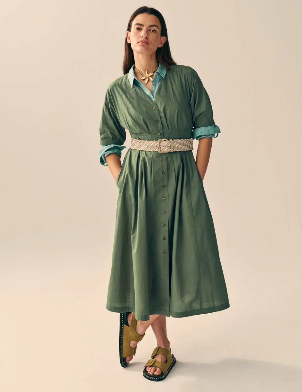Pure Cotton V-Neck Midi Waisted Dress