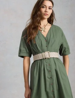 Pure Cotton V-Neck Midi Waisted Dress