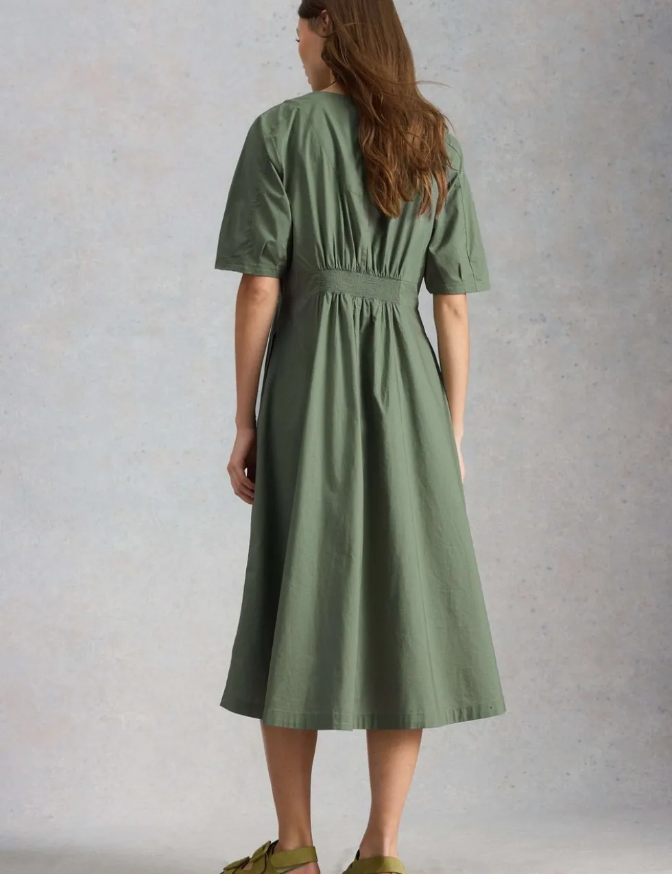 Pure Cotton V-Neck Midi Waisted Dress