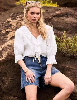 Pure Cotton V-Neck Ruffle Relaxed Blouse
