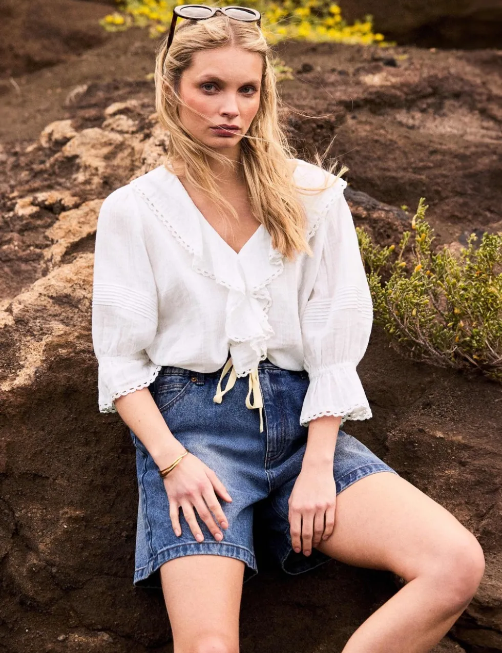 Pure Cotton V-Neck Ruffle Relaxed Blouse