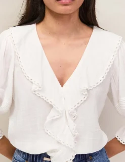 Pure Cotton V-Neck Ruffle Relaxed Blouse